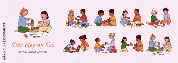 Obraz Group of diverse children playing together with toys. African American boys and girls included. Colored flat graphic vector illustration of toddlers on floor. For posters, greetings, print use.