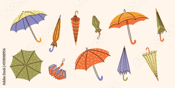 Fototapeta Set of Closed and Opened Umbrellas in Different Colors and Patterns. Flat Hand Drawn Vector Illustration Isolated on Light Background. Collection for Monsoon Season or Weather Design.