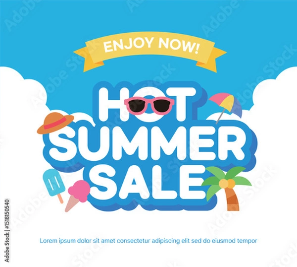 Fototapeta Bright and cheerful 'Hot Summer Sale' banner with tropical elements like sunglasses, ice cream, palm trees, hats and parasols. Perfect design for vacation, travel and summer season promotions.