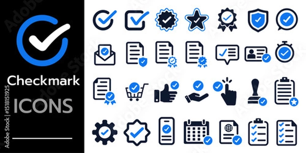 Fototapeta Checkmark icon set. check, checklist, selected, confirm, approve, correct, agree, checkbox mark, accept and verified icons. Solid vector icons collection
