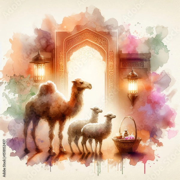 Fototapeta Eid Mubarak Celebration with Camels and Sheep