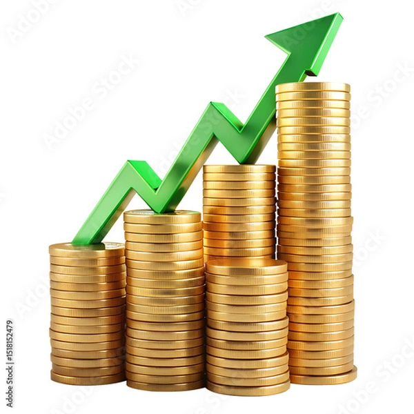 Fototapeta Golden coins stacked on a business graph with an upward arrow symbolizing financial growth and investment success in the banking market