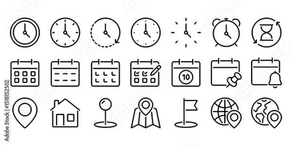 Obraz Time, date and location editable stroke outline icons set isolated on white background flat vector illustration. 