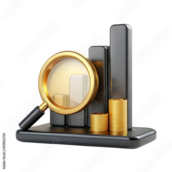 Fototapeta Golden 3D business icon of a magnifying glass for search and technology concepts