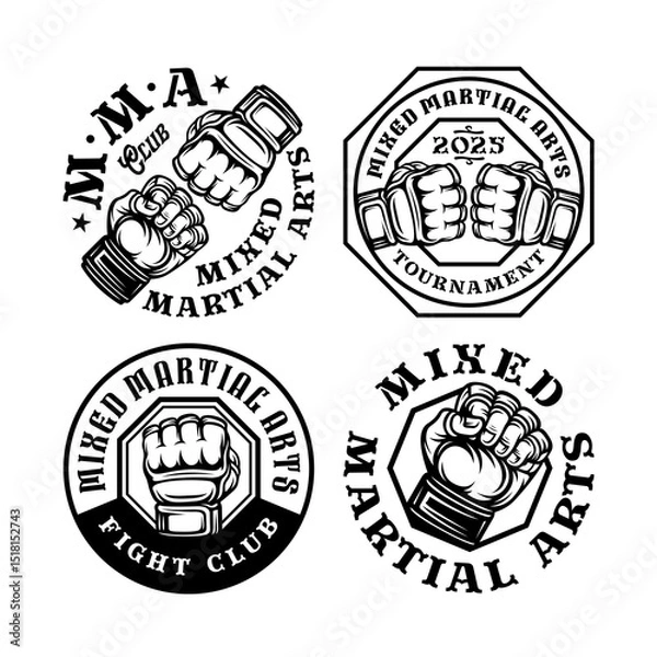 Fototapeta Set t of Logo mixed martial arts with hand gloves MMA in octagon badge vintage illustration