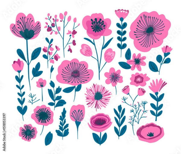 Obraz Set of different pink vector flowers . hand drawn. Not AI, Vector illustration.