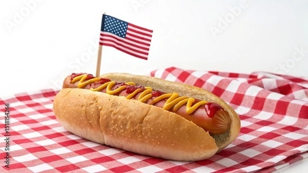Fototapeta A delightful hot dog with mustard and ketchup, adorned with an American flag on a checkered cloth.