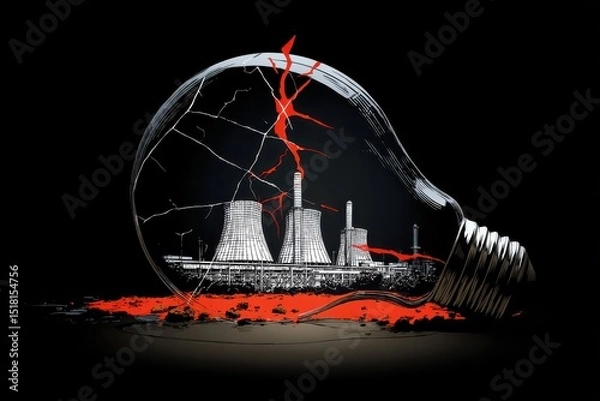Fototapeta Blackout energy crisis symbolized by a cracking light bulb and an image of a power plant, power outage