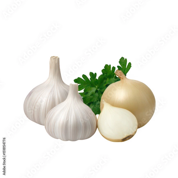 Fototapeta Garlic bulbs onion and parsley isolated on transparent background