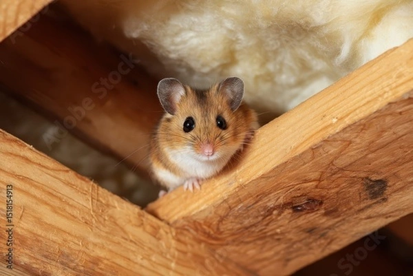 Fototapeta Mouse on a building beam amidst mineral wool thermal insulation, rodents causing damage to the house