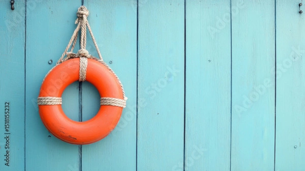 Obraz Nautical safety equipment, maritime rescue rediness concept - orange lifebuoy hanging on rustic blue wooden wall texture background banner