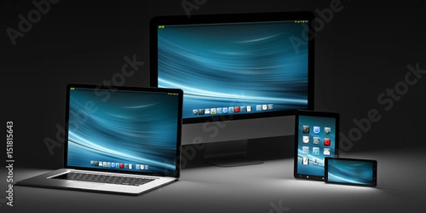 Obraz Dark modern computer laptop mobile phone and tablet 3D rendering