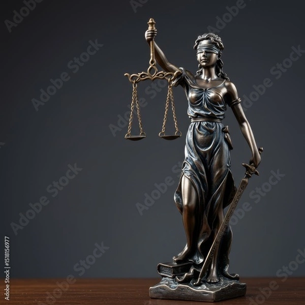 Fototapeta Full shot of bronze Lady Justice statue, blindfolded woman symbolizing justice, detailed and high quality composition