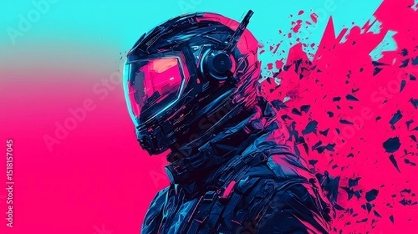 Fototapeta Futuristic astronaut in a fragmented suit with a vibrant neon pink and blue background.