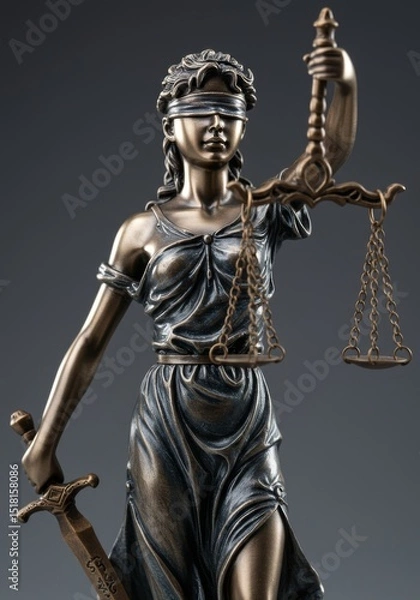 Fototapeta Full shot of bronze Lady Justice statue, blindfolded woman symbolizing justice, detailed and high quality composition