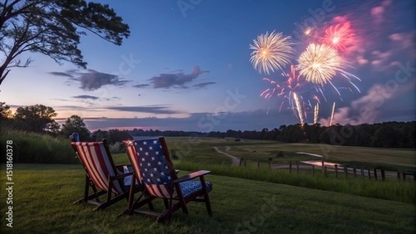 Fototapeta Fourth of July celebration with fireworks exploding over a golf course at sunset.