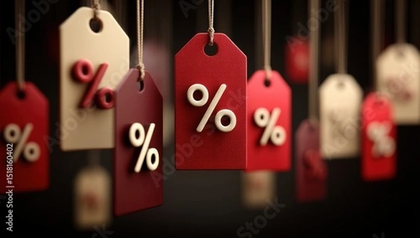 Obraz Red and beige hanging tags with percentage symbols, representing discounts or sales, arranged against a dark background.