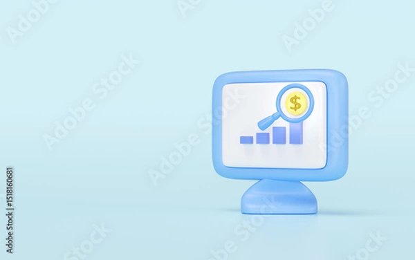 Obraz 3D computer monitor with magnifying glass, dollar coin, bar graph isolated on blue. Ideal for web analytics, social media concepts. Represents internet, digital communication, 3d render illustration