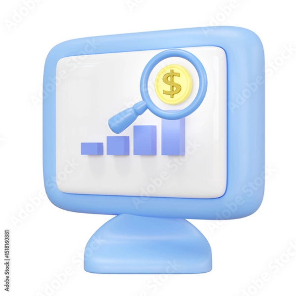 Fototapeta 3D computer monitor with magnifying glass, dollar coin, bar graph isolated. Ideal for web analytics, social media concepts. Represents internet, digital communication, 3d render illustration