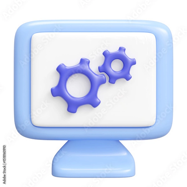 Fototapeta 3d Computer monitor cartoon with gear isolated. minimal design, 3d illustration render.