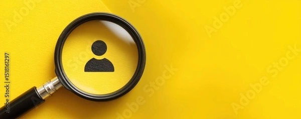 Obraz A magnifying glass focuses on a user icon against a bright yellow background, symbolizing search or profile identification.