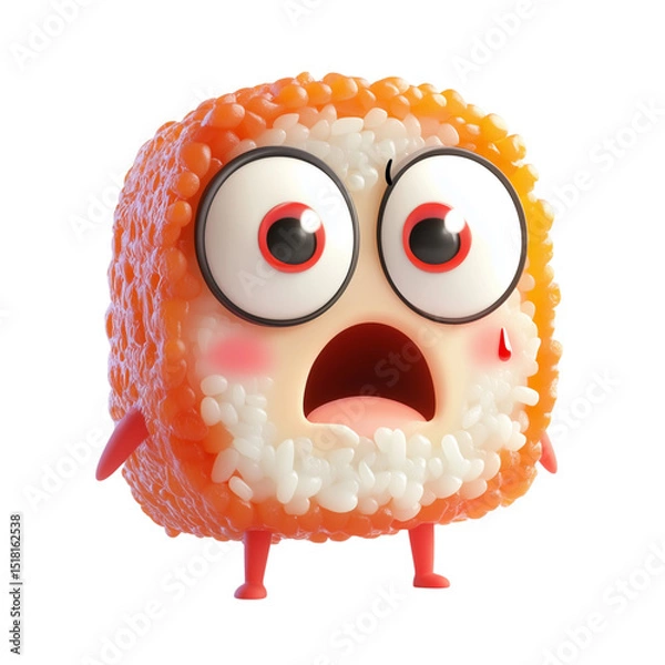 Fototapeta Shocked sushi mascot with big wide eyes, orange and white rice texture, cute character, emotional expression, isolated on transparency background