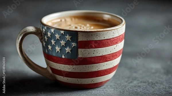 Fototapeta Close-up of a coffee mug featu an American flag design filled with rich coffee resting on a textured dark gray surface creating a cozy atmosphere