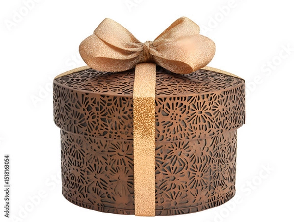 Fototapeta A festive gift box with intricate patterns and a shiny bow, isolated on a white background