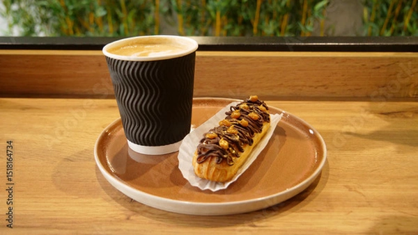 Obraz Creamy foam on cappuccino cup with french chocolate eclair topped with nuts on a table in confectionery store
