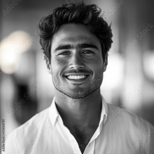 Fototapeta Young man smiling brightly in a modern indoor environment