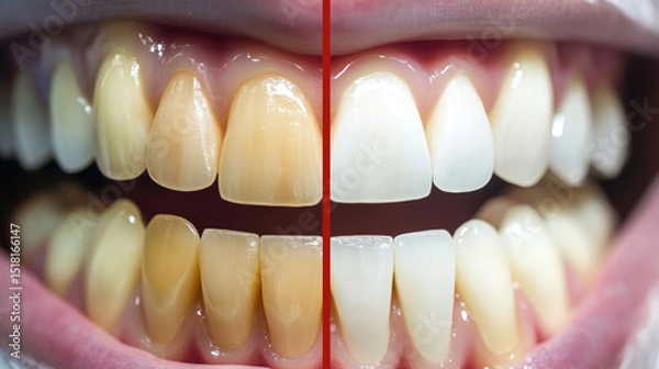 Obraz Dentist dentistry cosmetic surgery background - close-up of denture with teeth, before and after teeth whitening bleaching treatment