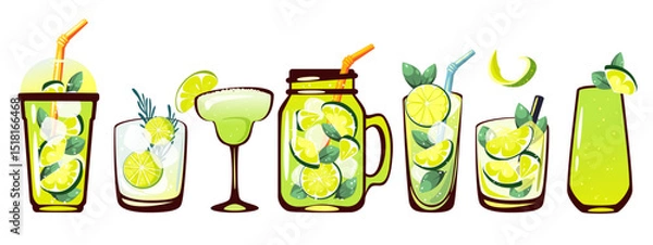 Fototapeta A set of cocktails with lime.Refreshing drinks, Caipirinha, gin and tonic, classic mojito, margarita, lime juice, lemonade in a jar. Vector illustration.	
