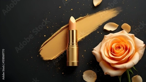 Obraz top view photo of ิgold lipstick black background with gold powder and light gold roses