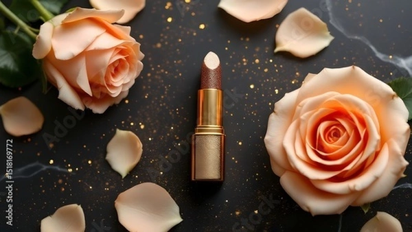 Obraz top view photo of ิgold lipstick black background with gold powder and light gold roses