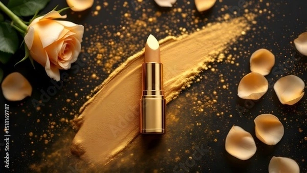 Obraz top view photo of ิgold lipstick black background with gold powder and light gold roses