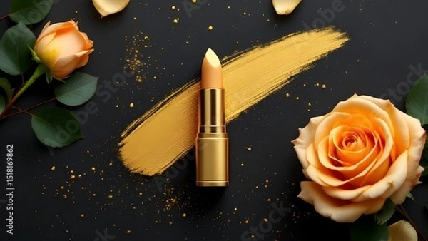 Obraz top view photo of ิgold lipstick black background with gold powder and light gold roses