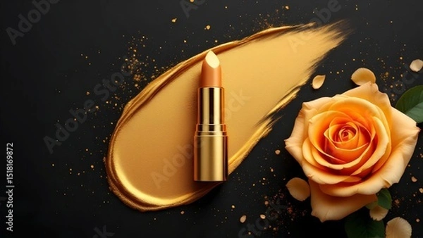 Obraz top view photo of ิgold lipstick black background with gold powder and light gold roses