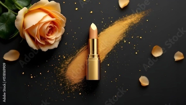 Obraz top view photo of ิgold lipstick black background with gold powder and light gold roses