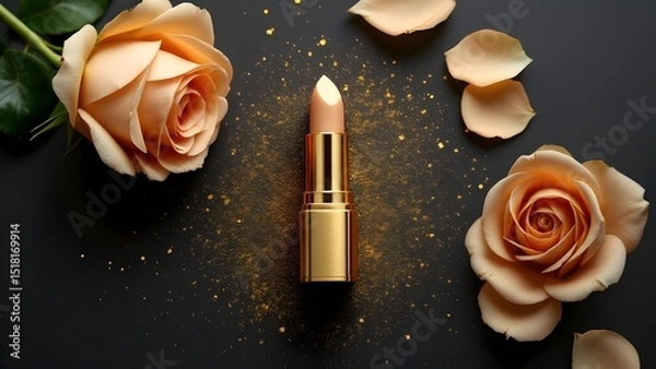 Obraz top view photo of ิgold lipstick black background with gold powder and light gold roses