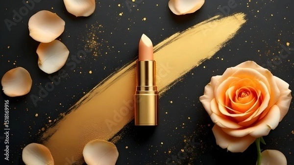 Obraz top view photo of ิgold lipstick black background with gold powder and light gold roses