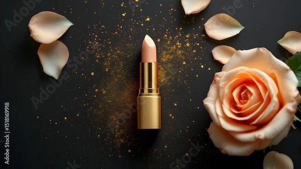 Obraz top view photo of ิgold lipstick black background with gold powder and light gold roses