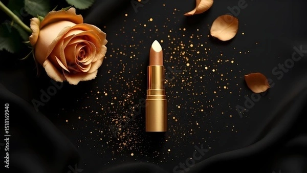 Obraz top view photo of ิgold lipstick black background with gold powder and light gold roses