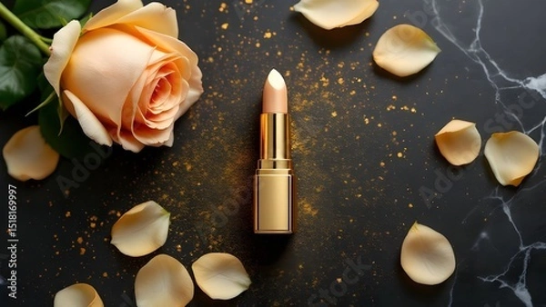 Obraz top view photo of ิgold lipstick black background with gold powder and light gold roses