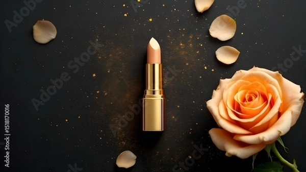 Obraz top view photo of ิgold lipstick black background with gold powder and light gold roses