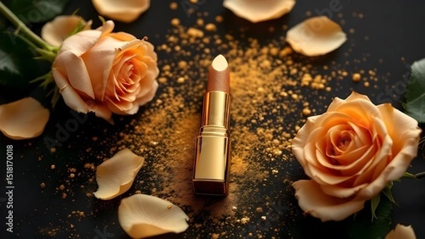 Obraz top view photo of ิgold lipstick black background with gold powder and light gold roses