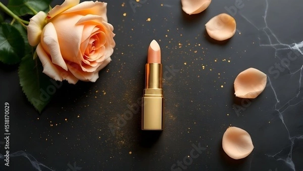 Obraz top view photo of ิgold lipstick black background with gold powder and light gold roses