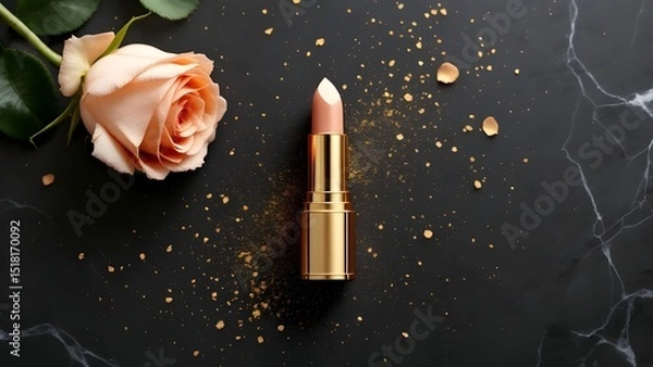 Obraz top view photo of ิgold lipstick black background with gold powder and light gold roses