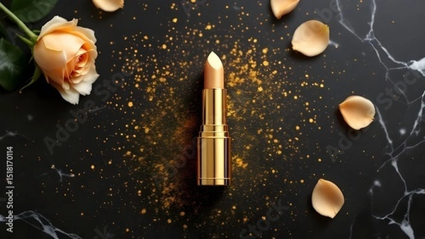 Obraz top view photo of ิgold lipstick black background with gold powder and light gold roses