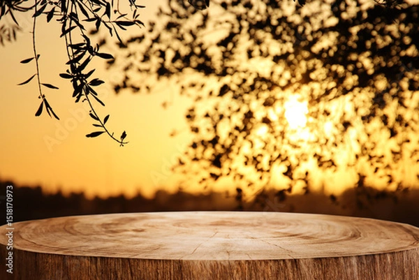 Fototapeta Empty rustic table in front of countryside background. product display and picnic concept