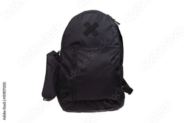 Fototapeta Front view of black textile backpack isolated on white.  School backpack.
